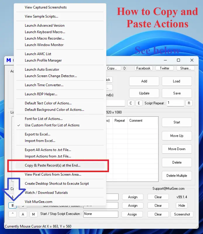 Screenshot displays How to Copy and Paste Single or Multiple Actions from the Script